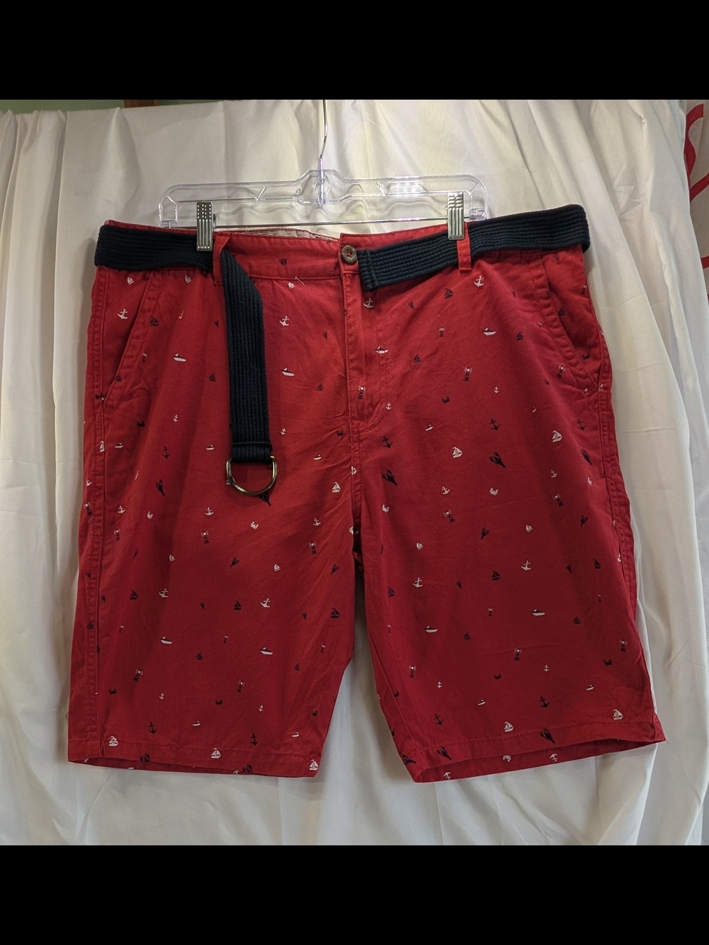 Company 81 Men's Red Nautical Print  Cotton Shorts w/Navy Woven Belt Size 40"